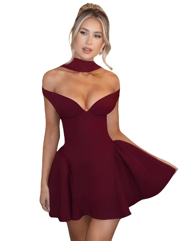 Backless Sexy Off Shoulder Mini Dress For Women Wine Red Sleeveless Strapless High Waist A-line Club Party Sexy Dress Casual Mini Dress with Pockets