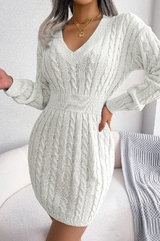 Sexy V Neck Winter Fisherman Cable Knit Sweater Mini Dress - White Elegant Mini Dress with Ruffles Sexy V Neck Winter Fisherman Cable Knit Sweater Mini Dress - White Elegant Mini Dress with Ruffles