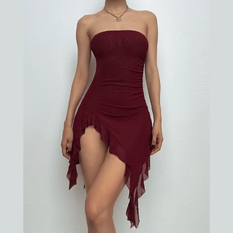 Sheer mesh ruffle ruched tube mini dress Cozy Long Sleeve Mini Dress