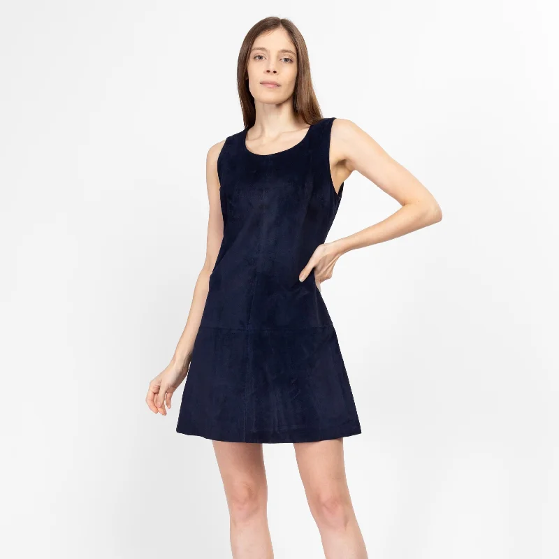 Small Y2K Max & Co Navy Blue Suede Mini Dress Size 6 Cozy Ruched Mini Dress