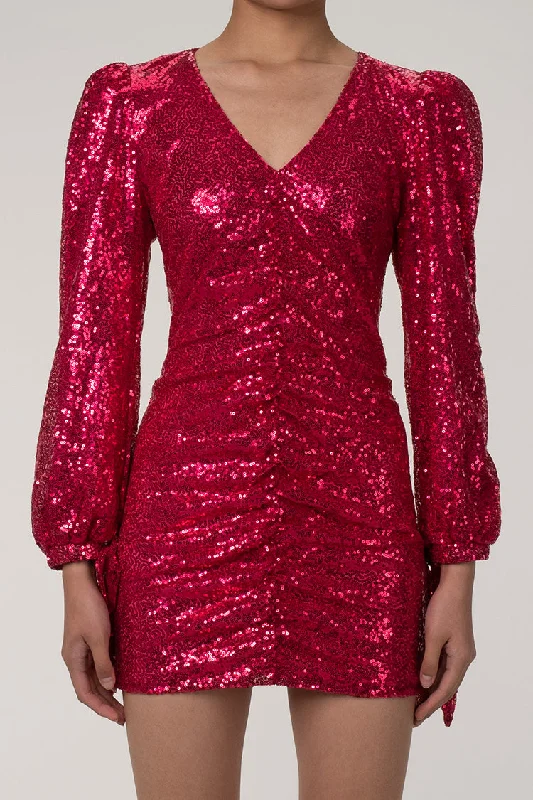 Sparkly Deep V Bow Tie Puff Sleeve Ruched Bodycon Sequin Party Mini Dress - Hot Pink Trendy A-Line Mini Dress Sparkly Deep V Bow Tie Puff Sleeve Ruched Bodycon Sequin Party Mini Dress - Hot Pink Trendy A-Line Mini Dress