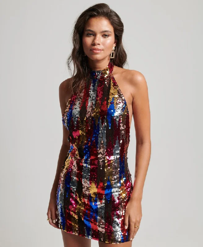 Sparkly Halter Mini Dress Stylish Puff Sleeve Mini Dress