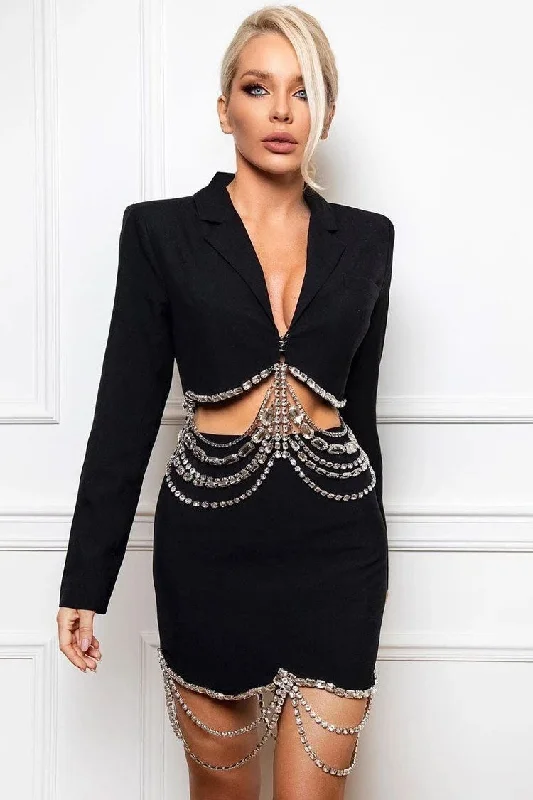 Sparkly Layered Rhinestone Crop Blazer Two Piece Mini Dress - Black Comfortable Wrap Mini Dress