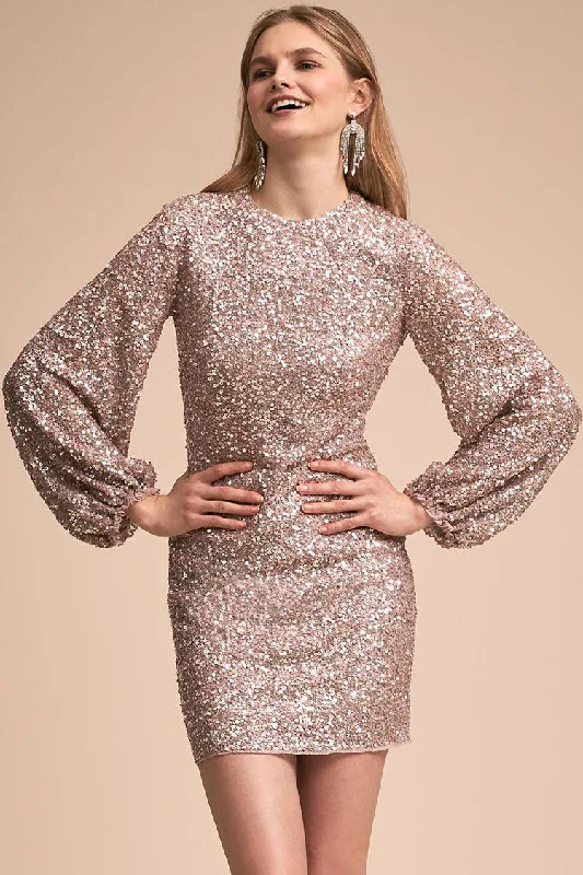 Sparkly Long Sleeve Round Neck Sequin Mini Dress - Gold Elegant Tulle Mini Dress