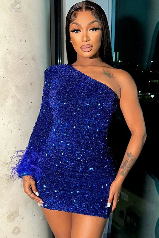 Sparkly One Shoulder Bodycon Velvet Feather Sequin Party Mini Dress - Royal Blue Cozy Long Sleeve Mini Dress
