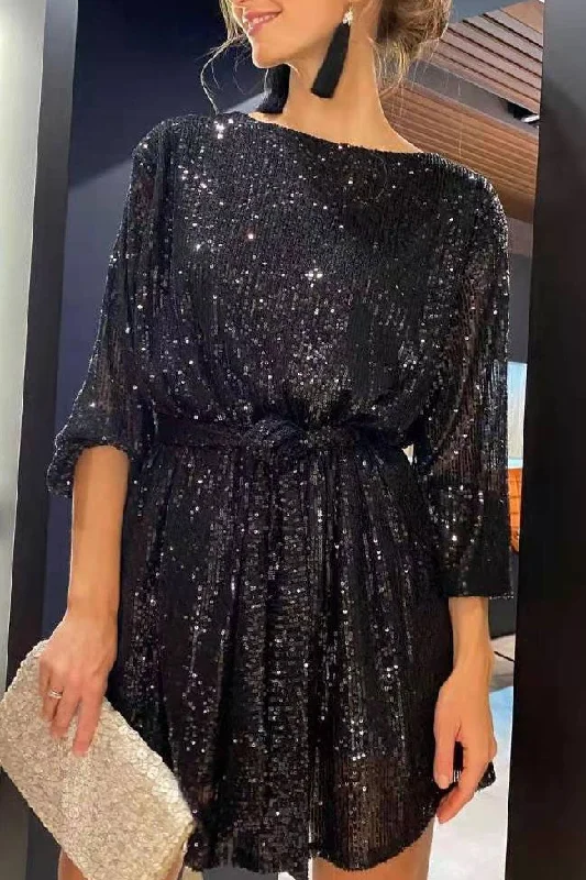 Sparkly Round Neck Bishop Sleeve Belted Sequin Mini Dress - Black Classic Shift Mini Dress