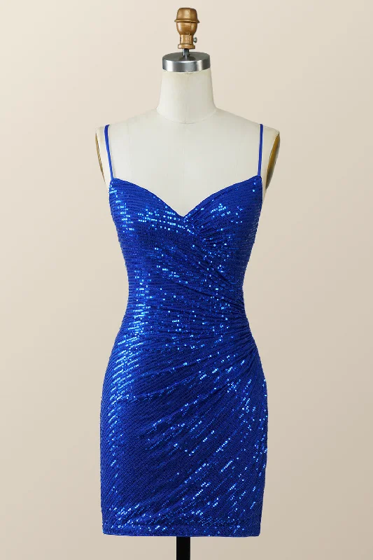Straps Royal Blue Sequin Tight Mini Dress Cozy Long Sleeve Mini Dress