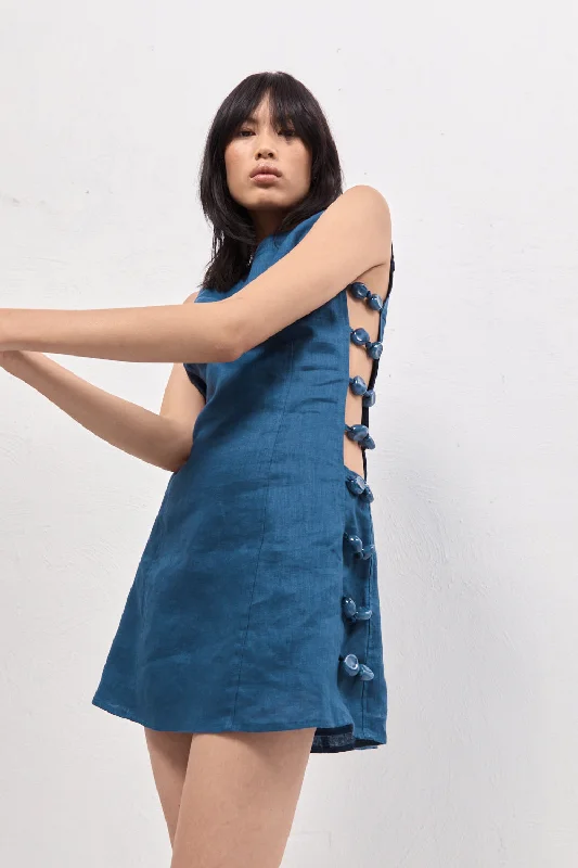 Tia Linen Mini Dress Navy Elegant Lace-Up Mini Dress