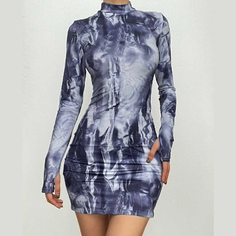 Tie dye long sleeve high neck gloves contrast mini dress Cozy Satin Mini Dress