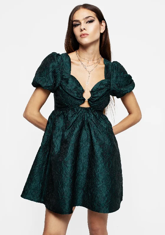 Tiffany Jacquard Puff Sleeve Mini Dress - Green Elegant Lace-Up Mini Dress