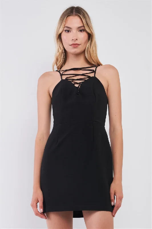 Black Slim Fit Sleeveless V-neck Front Corset Inspired Tie-up Detail Cocktail Mini Dress Stylish Sweetheart Mini Dress