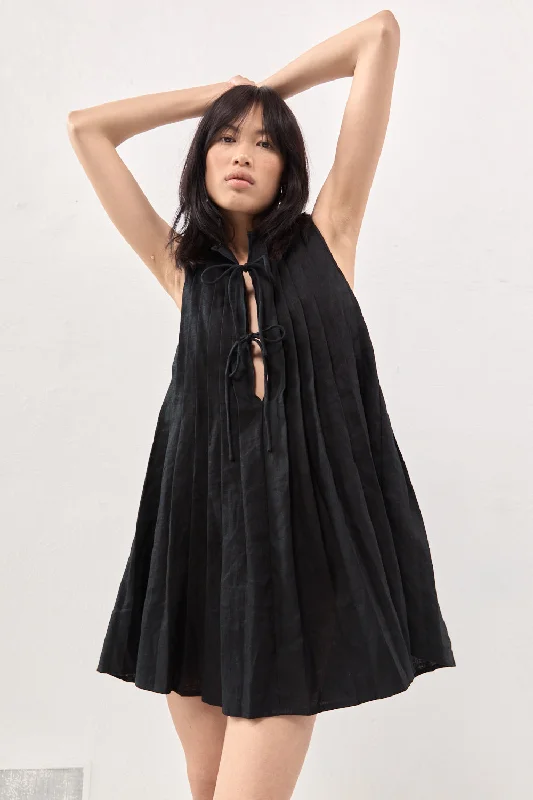 Valeria Linen Mini Dress Black Comfortable Ruffle Mini Dress