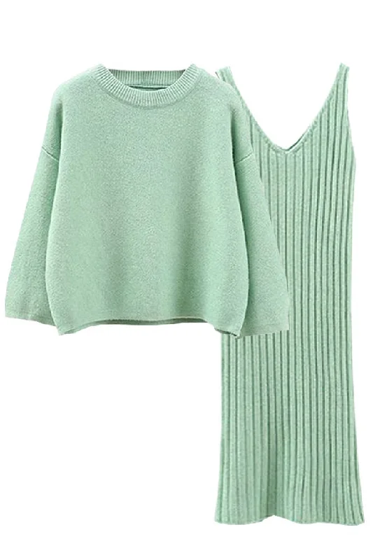 Erola Light Green Kneeted Mini Dress and Top Set Cozy T-Shirt Mini Dress