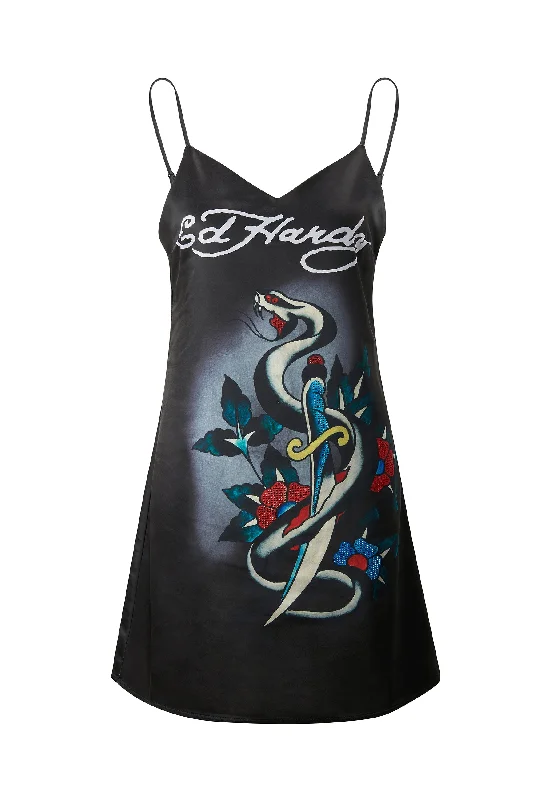 Womens Snake & Dagger Strappy Mini Dress - Black Trendy Crossover Mini Dress