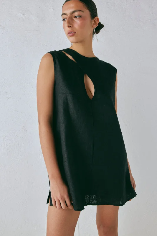 Yuri Linen Mini Dress Black Trendy Off-Shoulder Dress Mini