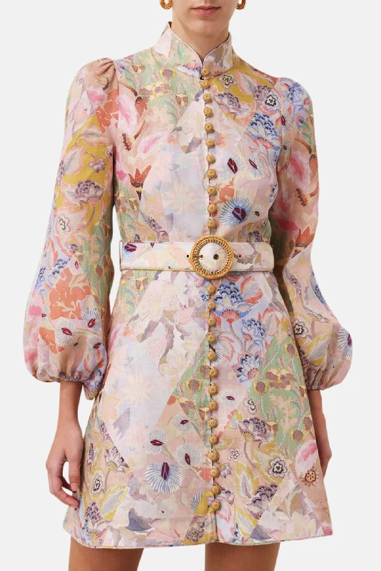 Illustration Belted Mini Dress Multi Floral Diamond Trendy Mini Dress with Belt