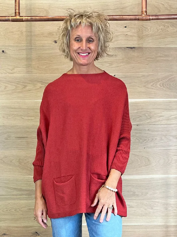 ACL Two Pocket Jumper Brick Notch Collar Peter Pan Collar Cowl Neck