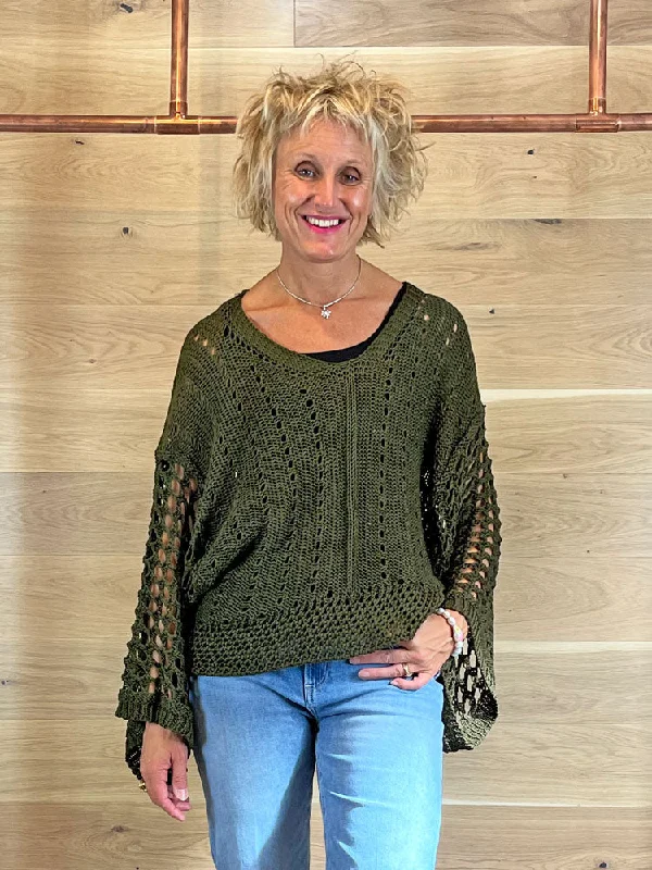 ACL Wide Sleeve Crochet Jumper Khaki Wool Sweater Cotton Sweater Cashmere Sweater