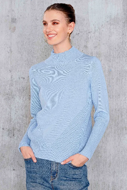 Alison Sheri A44145 Jumper Mock Neck Light Blue Open Front Closed Front Wrap Front