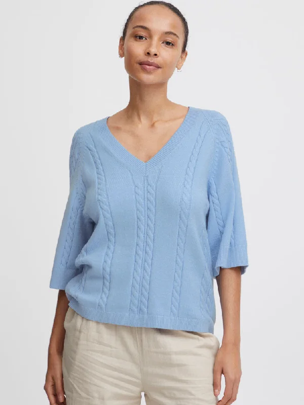 B Young ByManina Jumper Vista Blue Cable Knit Ribbed Knit Lace Knit