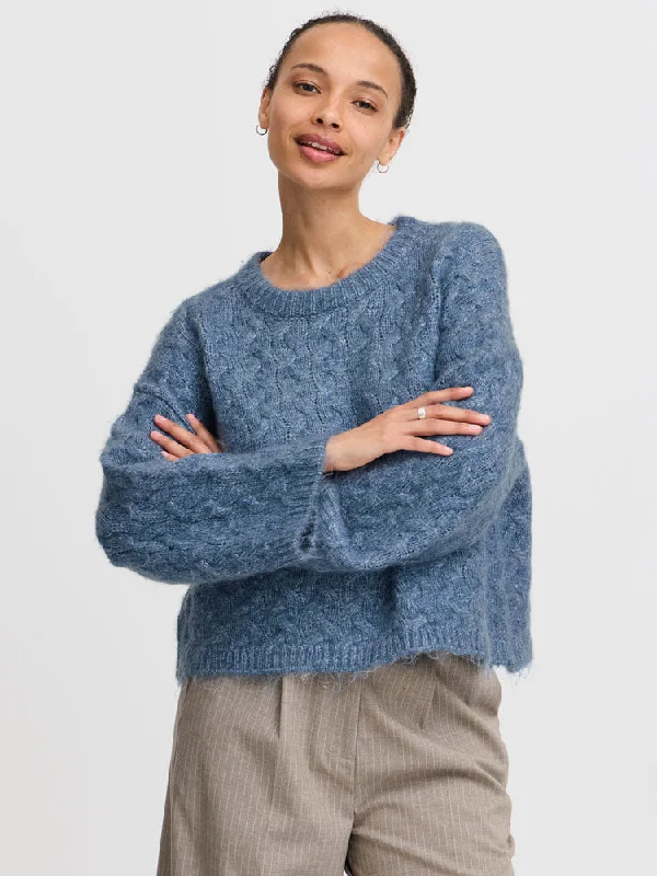 B Young ByOmhu Jumper Blue Horizon Graphic Sweater Embroidered Appliqued