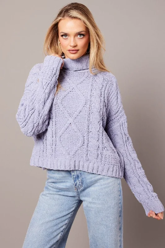 Blue Cable Knit Jumper High Neck Herringbone Houndstooth Plaid