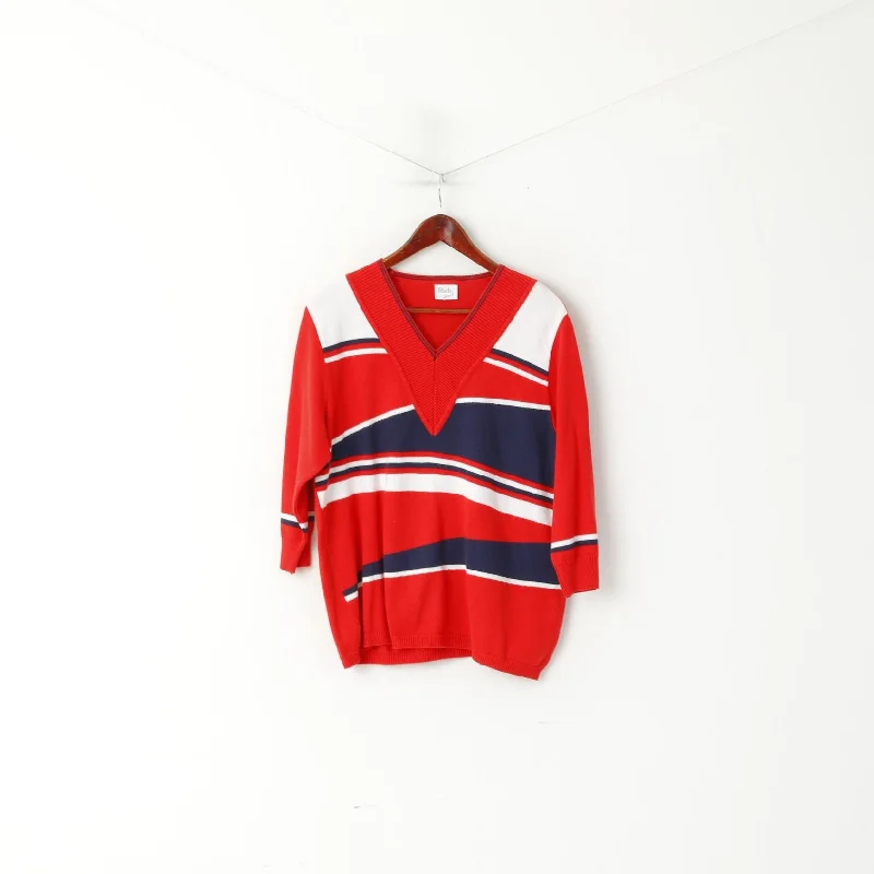 Rade Strick Women 46 L Jumper Red Vintage Striped V Neck Cotton 3/4 Sleeve Top Zippered Front Buttoned Front Snap Front