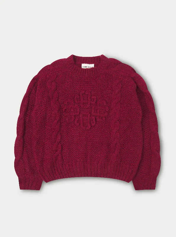 EMBLEM PLAITED OVERSIZED KNIT JUMPER - BURGUNDY Houndstooth Herringbone Solid
