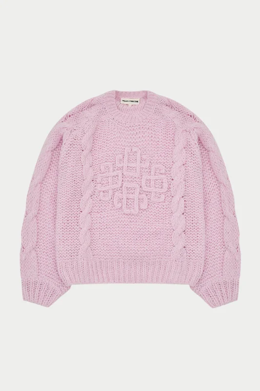 EMBLEM PLAITED OVERSIZED KNIT JUMPER - PINK Solid Color Striped Floral Print