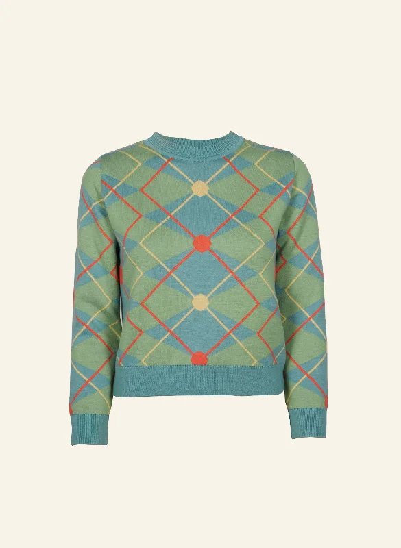 Esther - Green/Blue Argyle Jumper Print Jacquard Patchwork