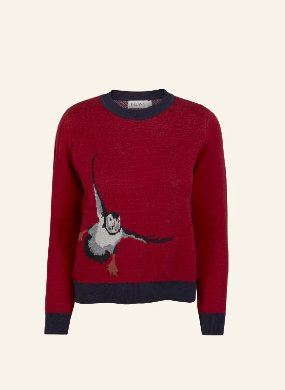Esther Long - Red Puffin Jumper Front Pockets Side Pockets Patch Pockets
