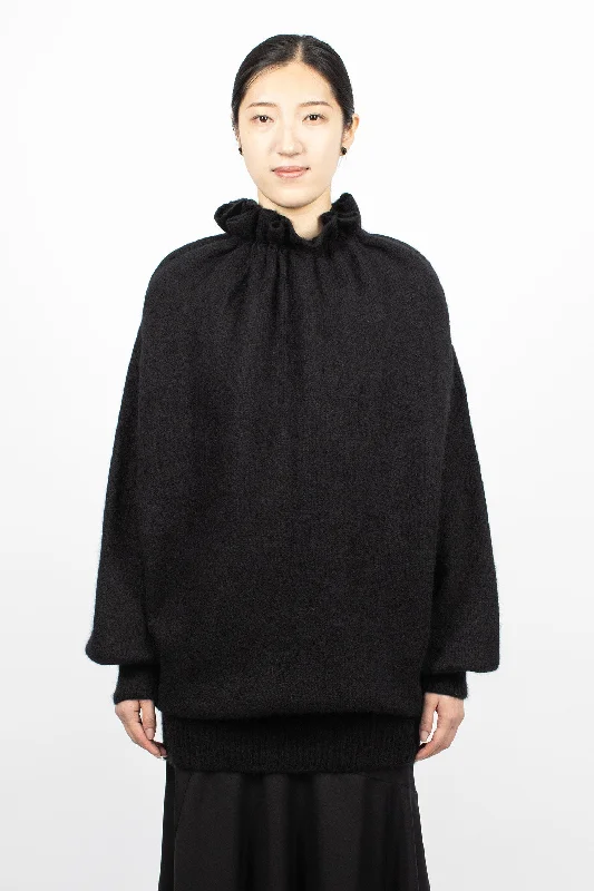 Gathered Pleated Neck Jumper Black Modern Contemporary Chic
