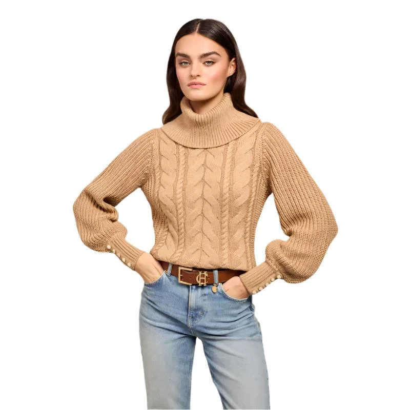 Holland Cooper Corded Roll Neck Ladies Knit Jumper - Camel Tailored Straight A-Line