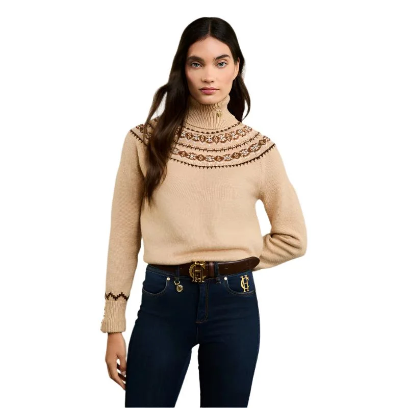 Holland Cooper Jennifer Roll Neck Ladies Knit Jumper - Camel Lace Blend Ribbed Blend Corduroy Blend