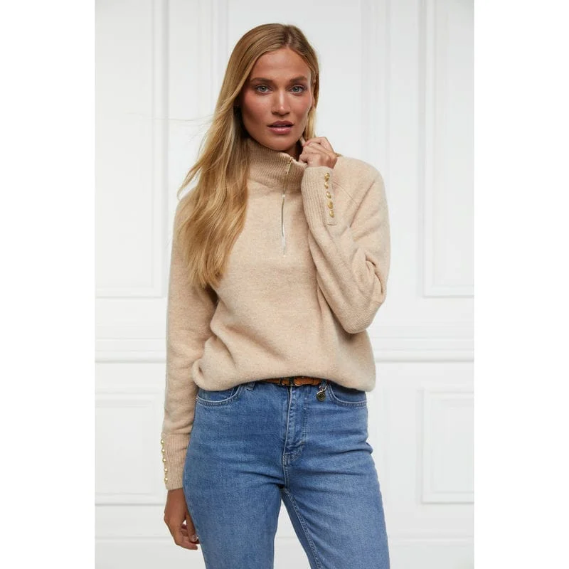 Holland Cooper Tori Half Zip Ladies Knit Jumper - Camel Fitted Loose Oversized