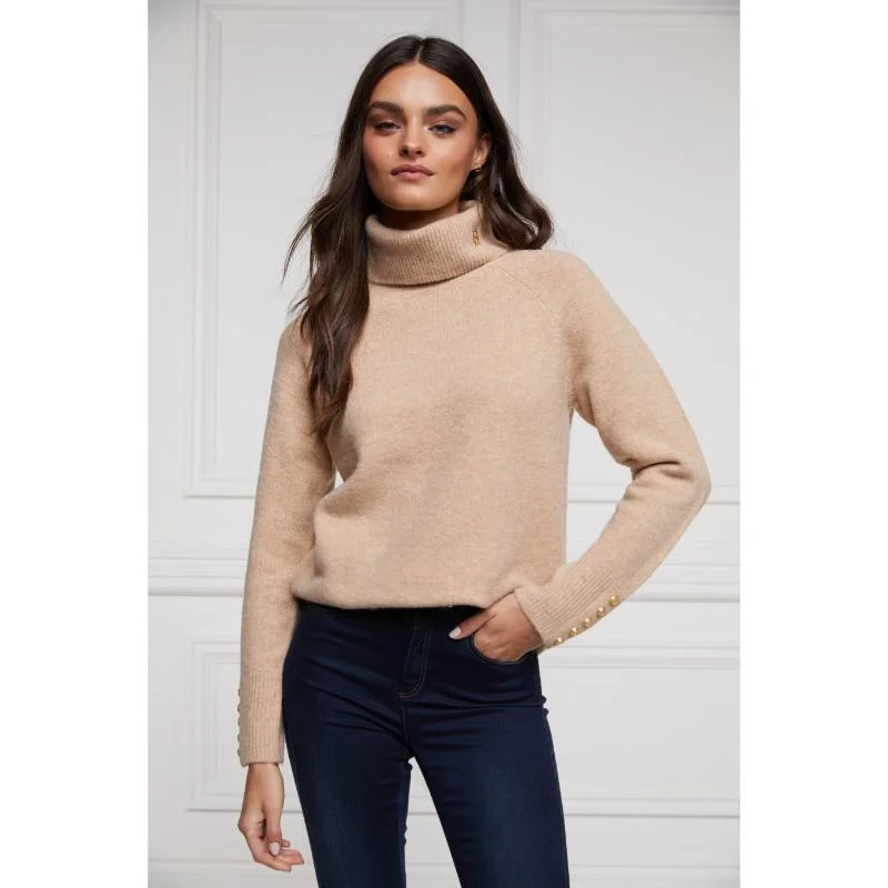 Holland Cooper Tori Ladies Alpaca Mix Knit Roll Neck Jumper - Light Camel Polka Dot Checkered Tartan