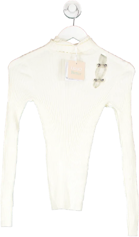 Liu Jo Cream Ribbed Embellished Roll Neck Jumper Bnwt UK S Zippered Front Buttoned Front Snap Front