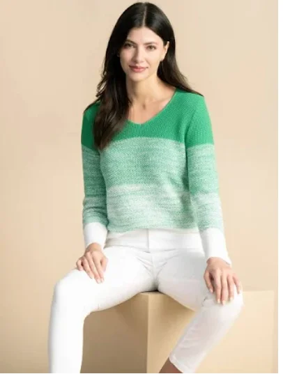 Marble 6563 V-Neck Block Design Green And White knitted Jumper Glossy Satin Silk