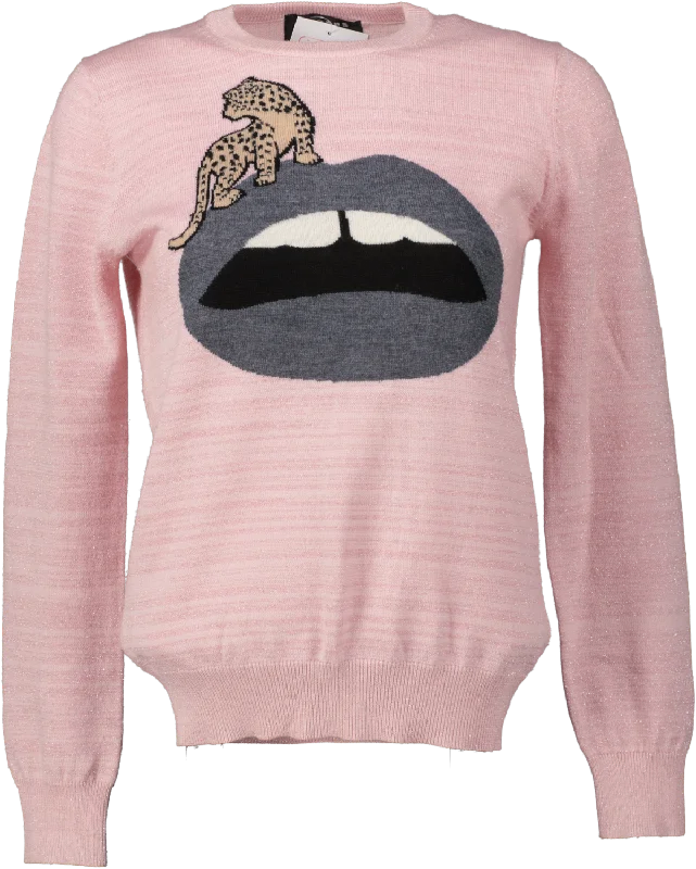 markus lupfer Metallic Pink Wool Blend Lips Jumper UK XS Cotton Fabric Linen Fabric Terry Fabric