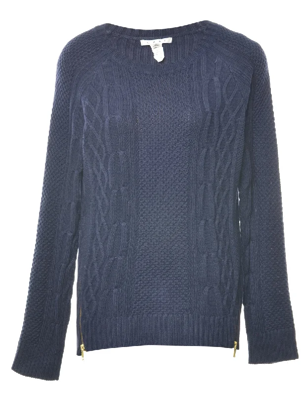Navy Cable Knit Jumper - M Fleece Sweater Nylon Polyester