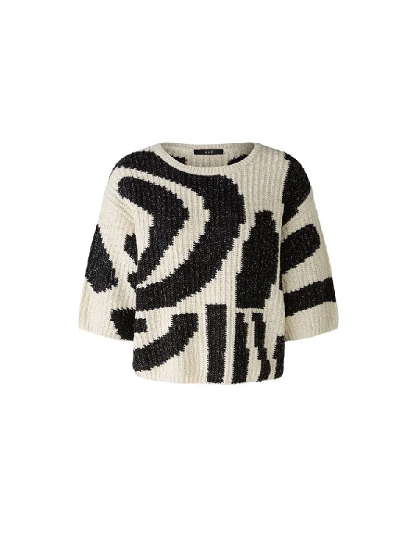 Oui Jumper Off White & Black Solid Print Embellished