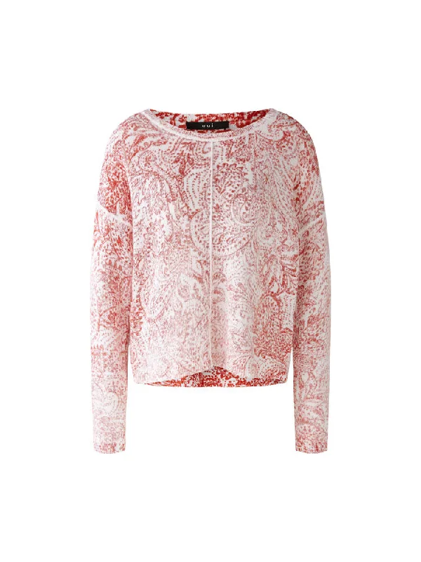 Oui Jumper Off White & Red Lace Blend Ribbed Blend Corduroy Blend