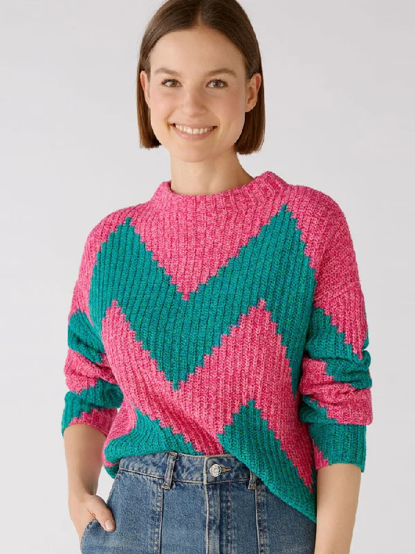 Oui Patterned Jumper Pink & Green Denim Fabric Leather Fabric Suede Fabric