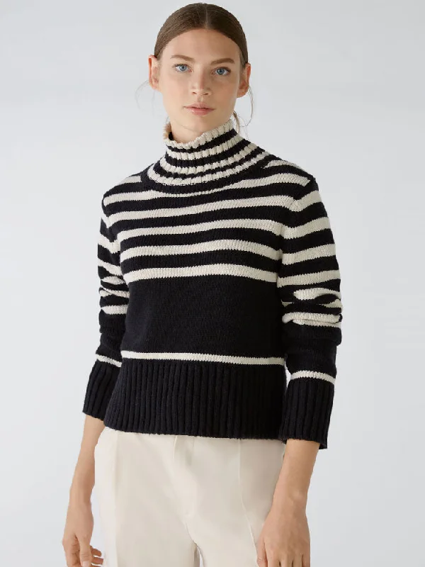 Oui Striped Funnel Neck Jumper Black & Off White Real Fur Shearling Chenille