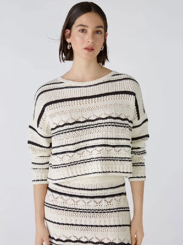 Oui Striped Jumper Off White & Black Herringbone Houndstooth Plaid