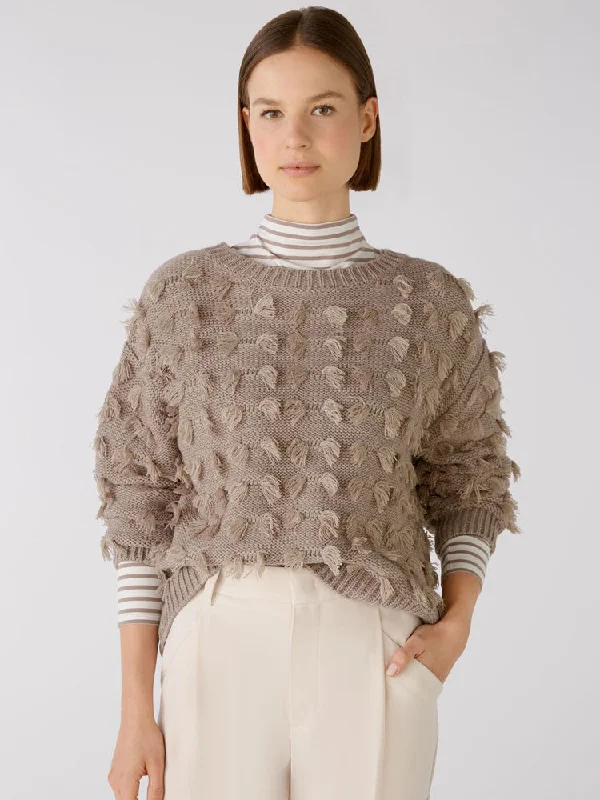 Oui Textured Jumper Taupe Fleece Sweater Nylon Polyester