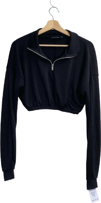 PrettyLittleThing Black Half-Zip Cropped Jumper UK 8 Satin Blend Silk Blend Wool Blend
