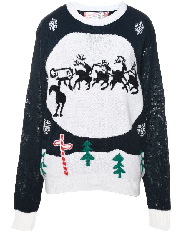 Reindeer Christmas Jumper - L Graphic Sweater Embroidered Appliqued