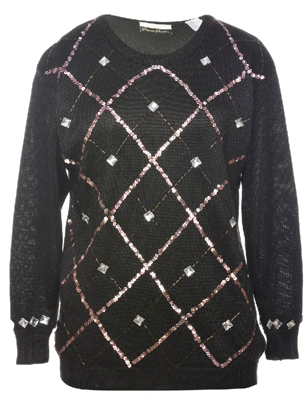 Sequined Black Jumper - M Silk Blend Satin Velvet