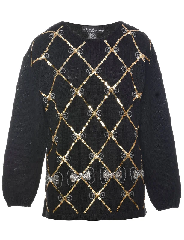 Sequined Black Jumper - S High Neck Crew Neck V-Neck